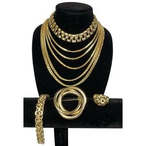 Vintage 80s Gold Tone Chunky Chain Jewelry Lot Necklace Bracelet Ring Power Glam